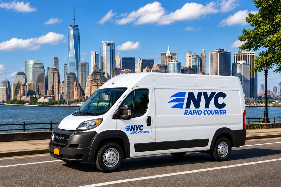 NYC Rapid Courier van and Manhattan skyline