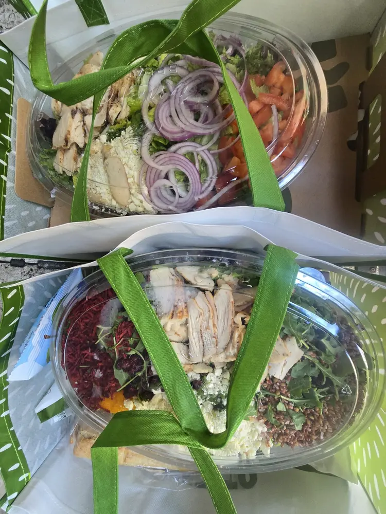 Covered catering salad trays packed in handled delivery bags